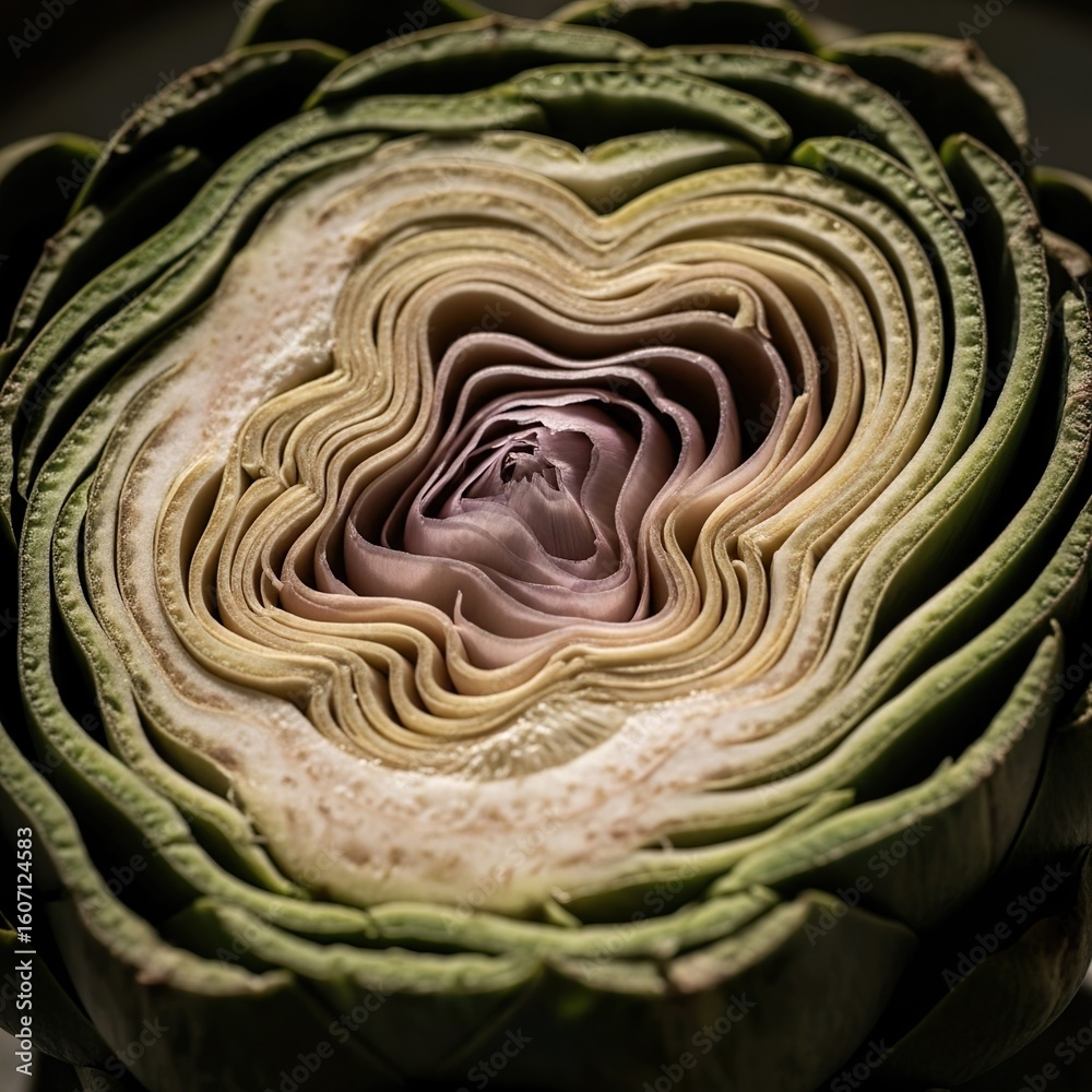 Obraz premium Close-up view revealing the intricate internal structure of a halved artichoke.