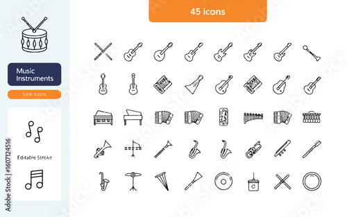 Collection of 45 black line art music instrument icons and symbols vector