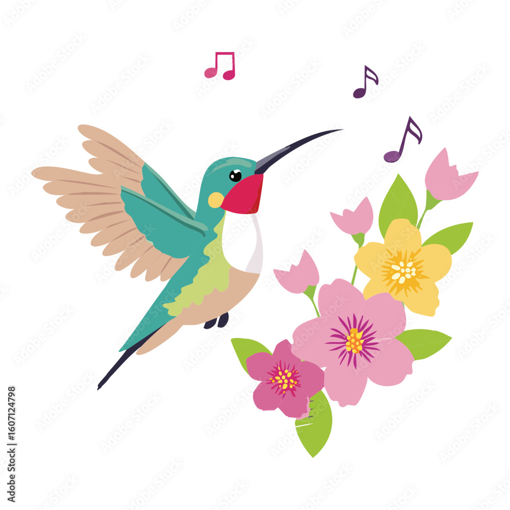 Obraz premium Hummingbird Flying With Flowers Music Notes