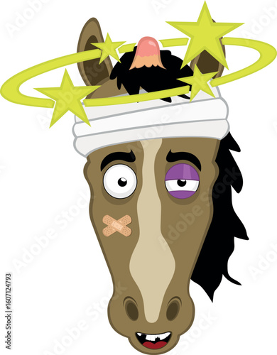 vector illustration character face horse cartoon, hurt with a black eye and seeing stars