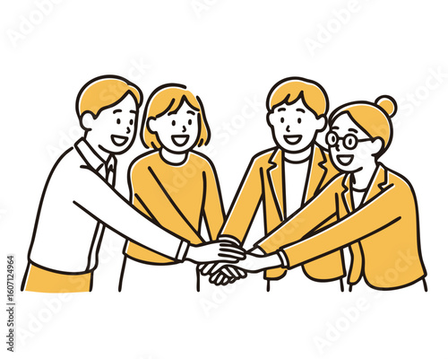 Business team of four joining hands in partnership, minimal line art illustration