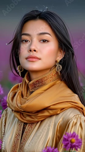 Asian beauty in desert light, Asian beauty with serene expression, Asian beauty surrounded by floating petals, Golden Desert Muse, Serene Power Portrait, Floating Petal Elegance

