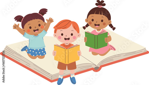 Children Reading Books, Happy Kids Learning, Fun Storytime Activity, Colorful Education Illustration, School Library Scene, Group Reading Together