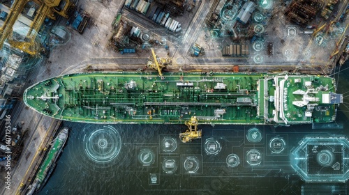 Aerial view of a green methanol tanker docked at a busy harbor, with cranes unloading biogenic feedstock and digital overlays representing renewable energy integration