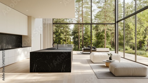 Modern open-plan kitchen and living space with black marble island, minimalist white cabinetry, and full-height windows showcasing lush forest view, ideal for luxury design features