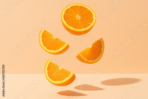 Floating orange wedges and half slice with vibrant shadows on pastel background