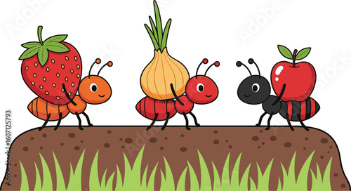 Colorful cartoon ants carrying fruits and vegetables, teamwork concept, garden illustration, playful characters, soil background, nature scene, food education design