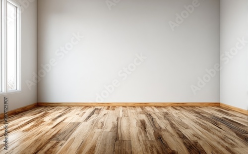 Empty room with white walls and rich light wood flooring near a tall window, ideal for interior design mockups, real estate showcases, and architectural background use