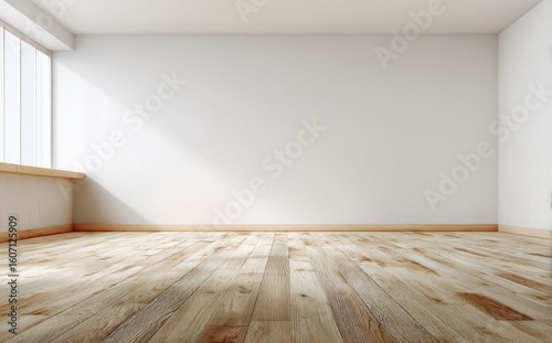 Empty room with white walls and light wood flooring in natural sunlight, ideal for interior design mockups, real estate presentations, renovation ads, and architectural backgrounds
