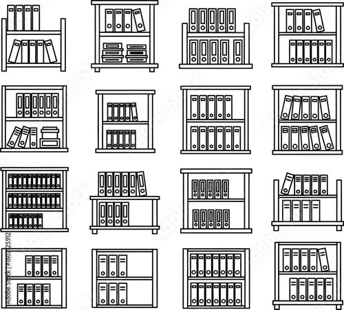 Bookshelf and Document Shelf Icons Set - Office Organization