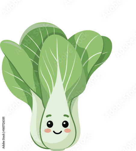 Cute bok choy cartoon, happy vegetable character, smiling green leafy mascot, healthy food illustration, adorable white stem, fun design concept