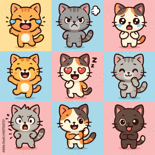  9 random adorable cartoon cat icons in kawaii style. Perfect for stickers, children's products, mobile apps, or cute animal-themed prints. Clean vector design suitable for commercial use.