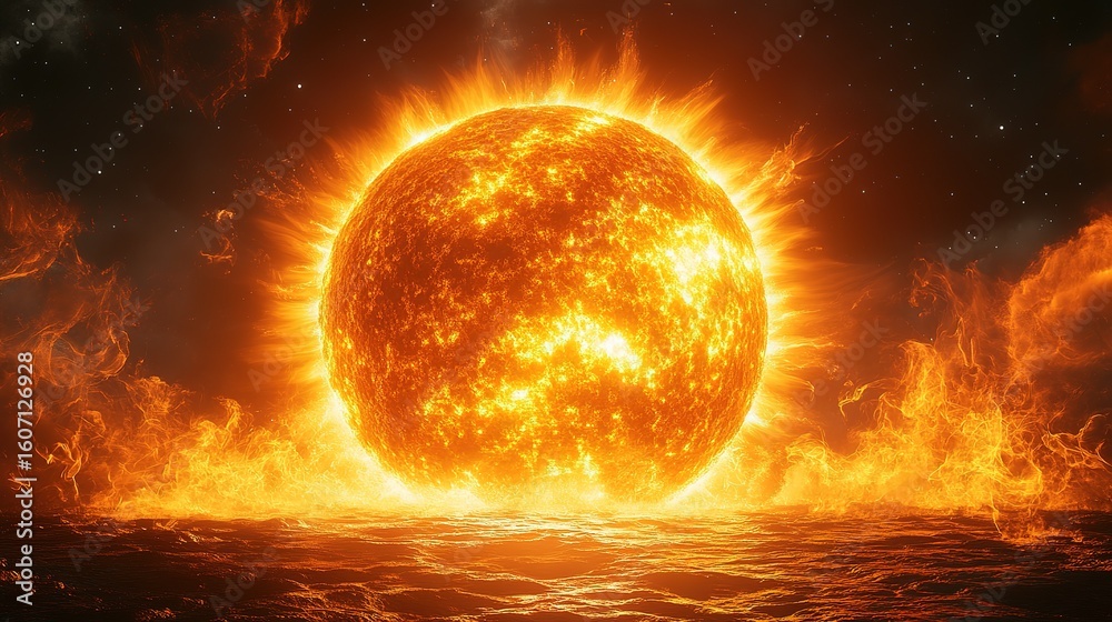 Obraz premium Massive Glowing Sun with Fiery Prominences over a Cosmic Ocean