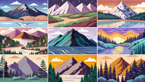 Collection of mountain landscape vector illustrations. Scenic nature views in various seasons spring, summer, autumn, winter and times like sunrise, day, sunset, night. Ideal for banners, wallpaper