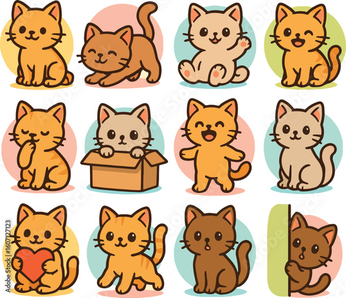 A collection of 12 adorable cartoon cat icons in kawaii style. Perfect for stickers, children's products, mobile apps, or cute animal-themed prints. Clean vector design suitable for commercial use.