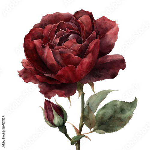 Dark burgundy rose in watercolor, full bloom, moody vintage romantic style, isolated on white and clear