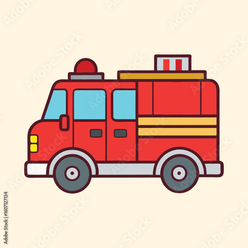 Cute cartoon fire engine with red and blue accents on a beige background
