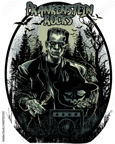 Frankenstein rocks halloween monster spooky horror t shirt design graphic vector illustration art