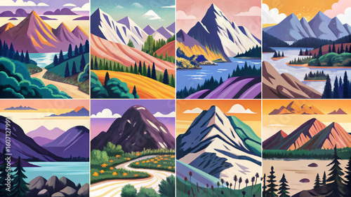 Collection of mountain landscape vector illustrations. Scenic nature views in various seasons spring, summer, autumn, winter and times like sunrise, day, sunset, night. Ideal for banners, wallpaper