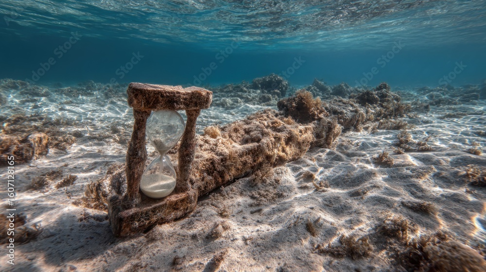 Fototapeta premium Weathered hourglass underwater scene
