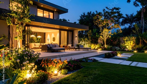 Villa garden at dusk features fireflies