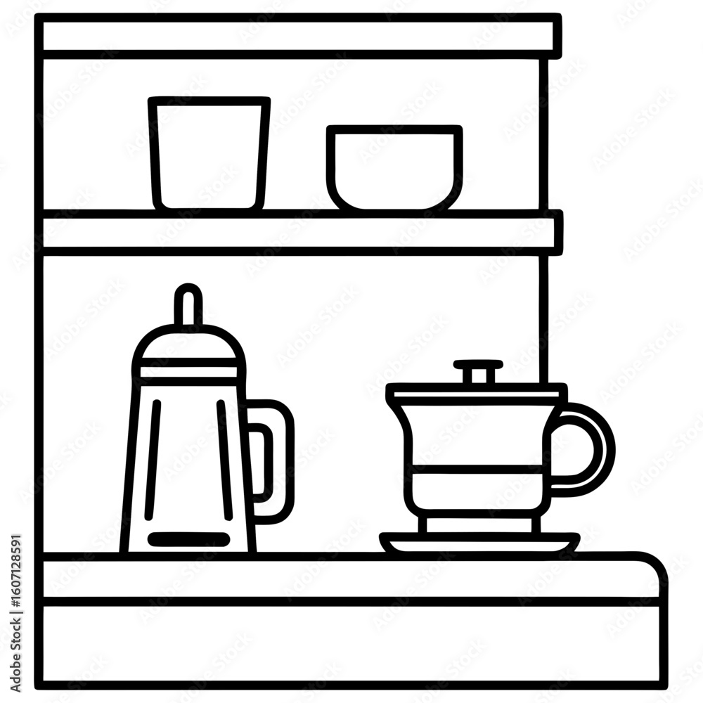 A corner countertop with a compact espresso machine, stacked cups, coffee jar, and wall-mounted shelves. Sleek and organized. A corner countertop with a compact espresso machine, stacked cups, coffee jar, and wall-mounted shelves. Sleek and organized.