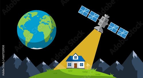 Space Satellite Illuminating Remote House on Grassy Hill with Earth and Mountain Silhouettes Under Starless Black Sky in Graphic Vector Style