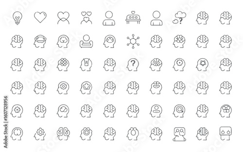 Collection of minimalist line art icons representing human thought and ideas brain head