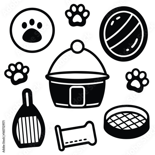 Pet essentials in monochrome: A collection of playful line-drawn icons representing key items of equipment and accessories for pet ownership, showcasing care and comfort.