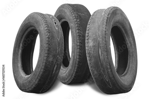 old worn damaged tires isolated on white background