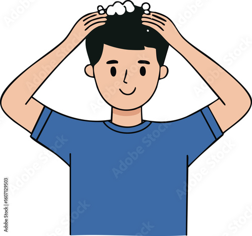 Cartoon illustration of a man washing his hair with shampoo, creating foam on his head.