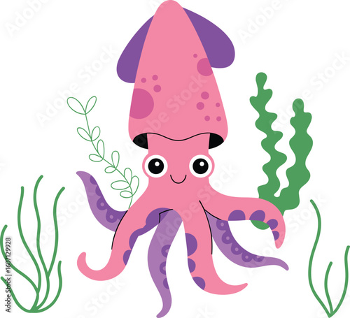 Cute pink squid cartoon with seaweed in ocean background, underwater marine animal vector illustration, fun decor for kids and design