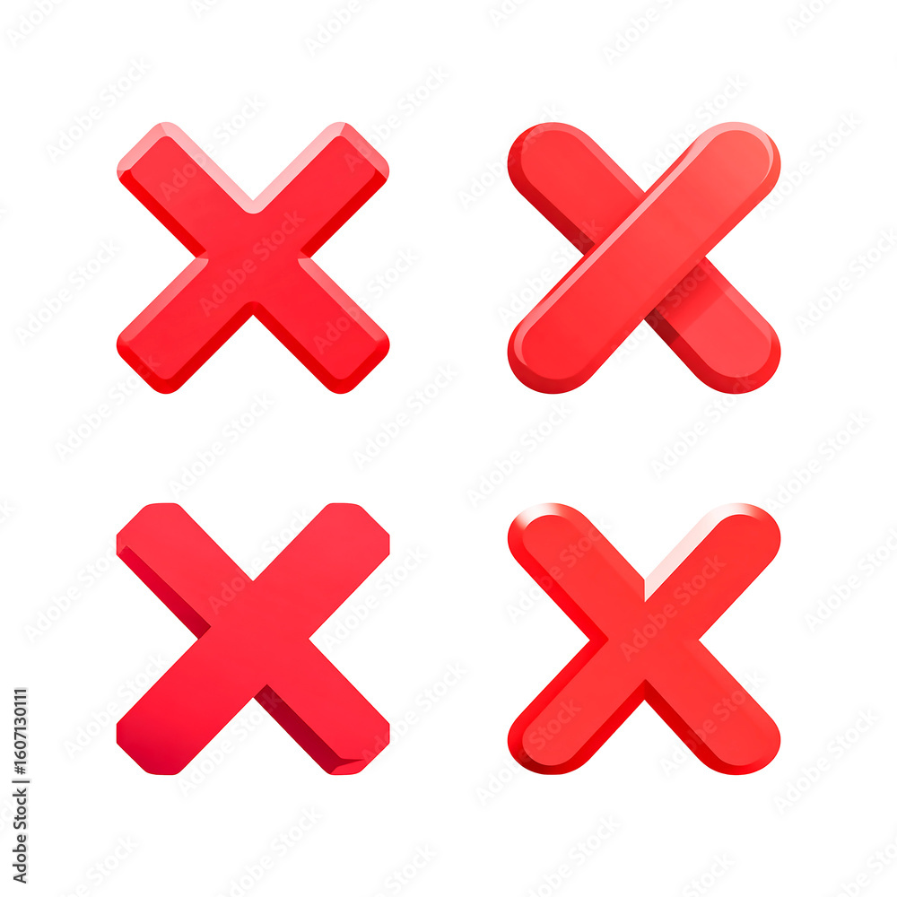 Fototapeta premium Four red cross icons are isolated on transparent background, representing cancellation, removal, and error symbols