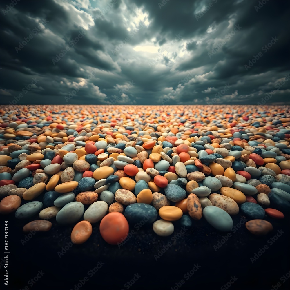 Fototapeta premium Minimalist Pebble Gradient: Aesthetic Flat Lay of Yellow, Red & Blue Stones on Dark Background - Textured Natural Patterns Studio Shot