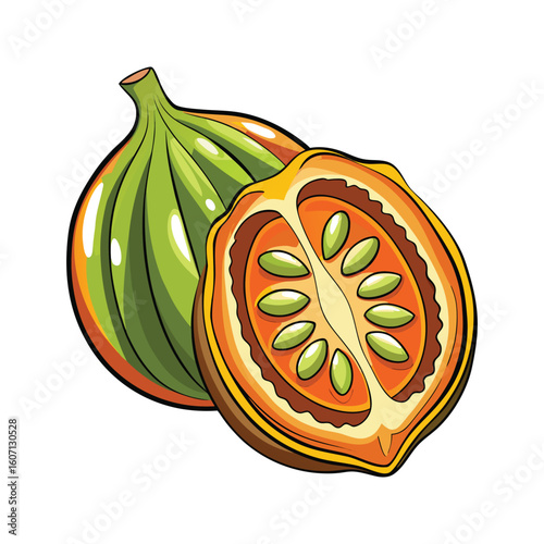 Vibrant Illustration of a Cut and Whole Pepino Melon Fruit