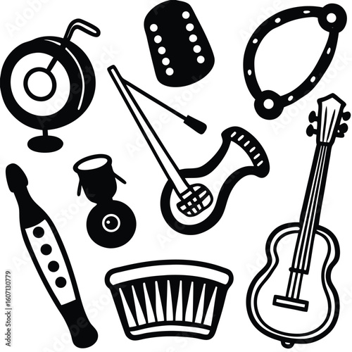 Melodic Instruments: An ensemble of musical instruments, each with a unique shape, harmonize in a black and white design, creating a visual symphony of sound and rhythm.