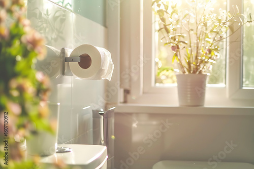 Bright Minimalist Bathroom Interior with Toilet Paper on Holder
