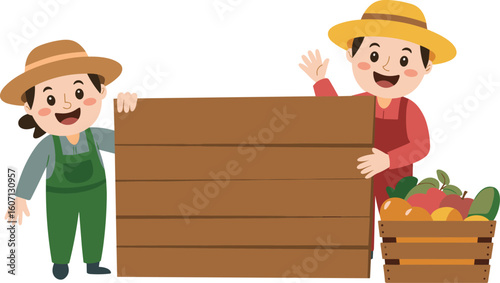 Happy cartoon farmers with wooden sign, fresh vegetables in basket, rural lifestyle, organic farming, sustainable agriculture, healthy food concept