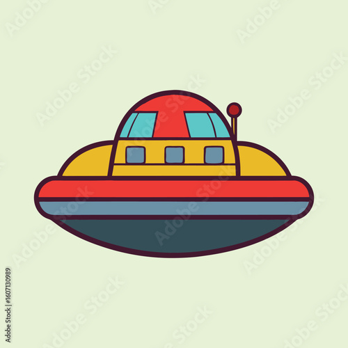 Colorful retro cartoon vector illustration of a flying saucer on light green background