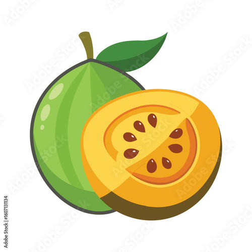 Feijoa Fruit Illustration of Whole and Halved Sections