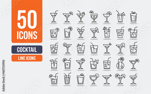 Fifty line art cocktail icons with straws and garnishes drink beverage