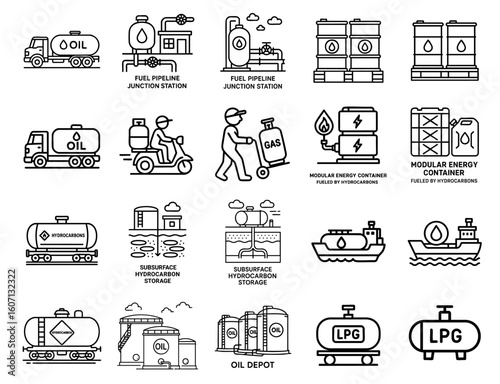 Power Production Hydrocarbon concept. Industrial illustrations of oil and gas infrastructure and storage solutions.
