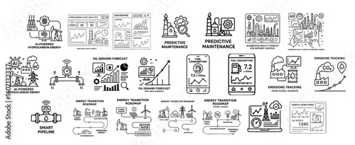 Power Production Hydrocarbon concept. Business process illustrations with graphs and analytics.