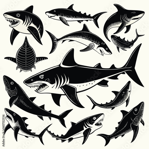 A diverse collection of shark illustrations in various styles