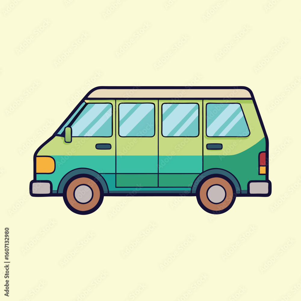 Stylized Green and Teal Van Illustration on a Light Yellow Background Stylized Green and Teal Van Illustration on a Light Yellow Background