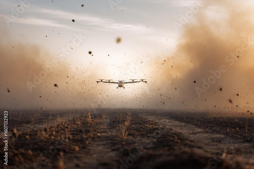 Aerial view of an aircraft dispersing seeds over a barren landscape. Dust trails swirl under golden light, symbolizing reforestation, hope, and ecological recovery.