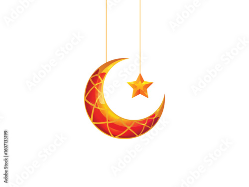 Abstract Crescent red golden moon, lantern and star hanging in 3d light color. Decorative vector elements for Muslim holidays. Isolated on a white background