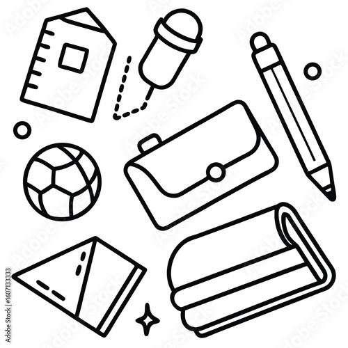 School Supplies Illustration: A collection of school supplies, from notebooks to stationery, is meticulously illustrated in a clean and elegant line art style.