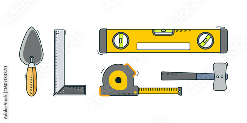 Some collections of carpentry tools isolated on white background such as cement trowel, spirit level, square ruler, tape measure and wooden hammer