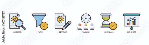 Employment Essentials Icon Set Isolated Vector Illustration Concept With Icon Of Job Search, Filter, Contract, Timeline, Hourglass, Bar Chart In Outline Color Style